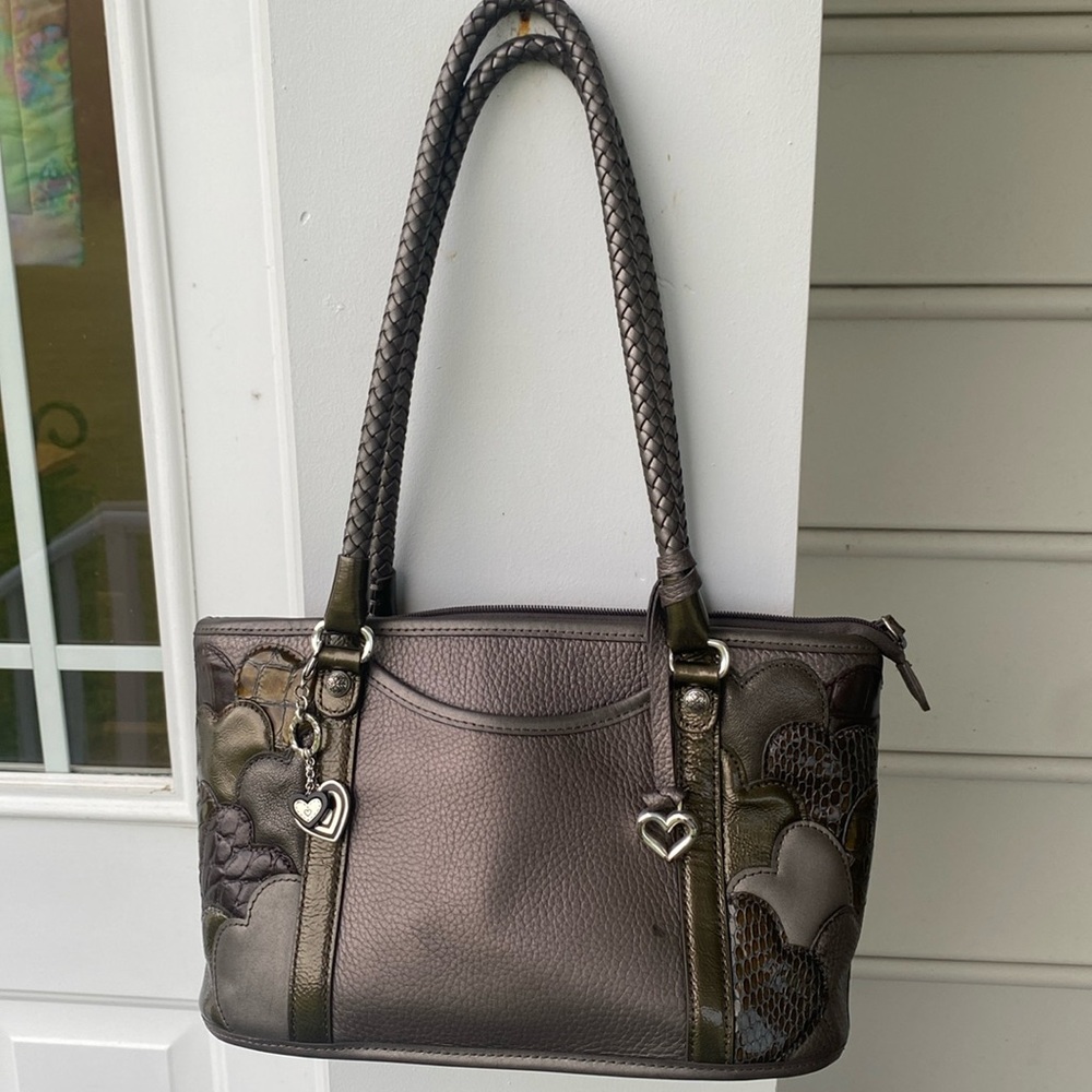 Brighten bronze leather multi colored & textured hearts on sides shoulder bag